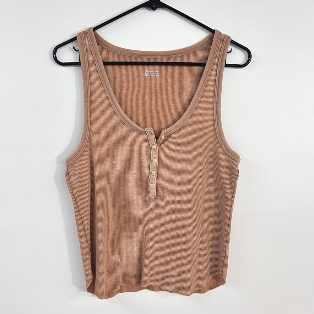 Aerie Brown Waffle Knit Henley Tank Top XL Ribbed Y2K Casual Layering Basic